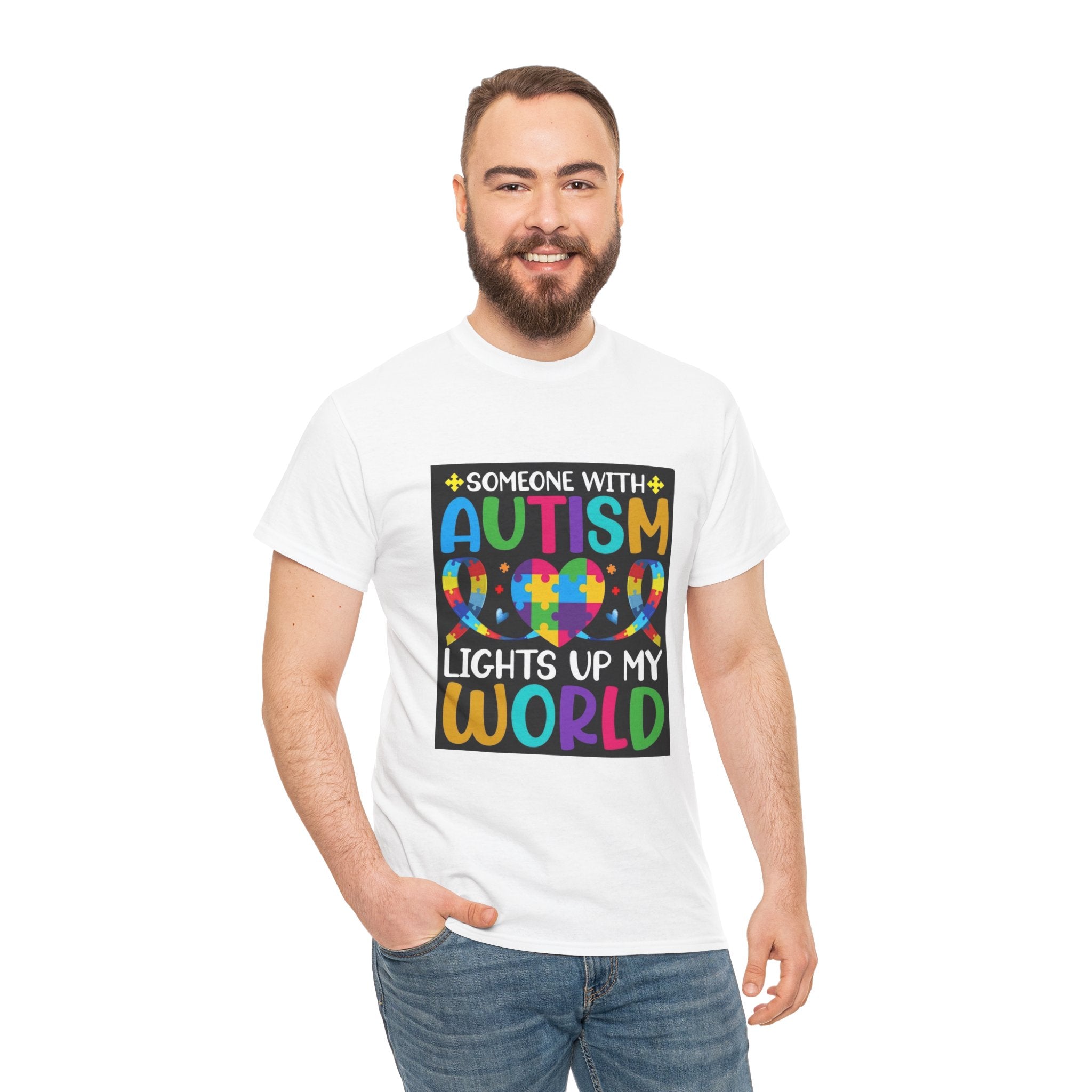 Autism Awareness T-Shirt — “Someone With Autism Lights Up My World” Colorful Puzzle Tee