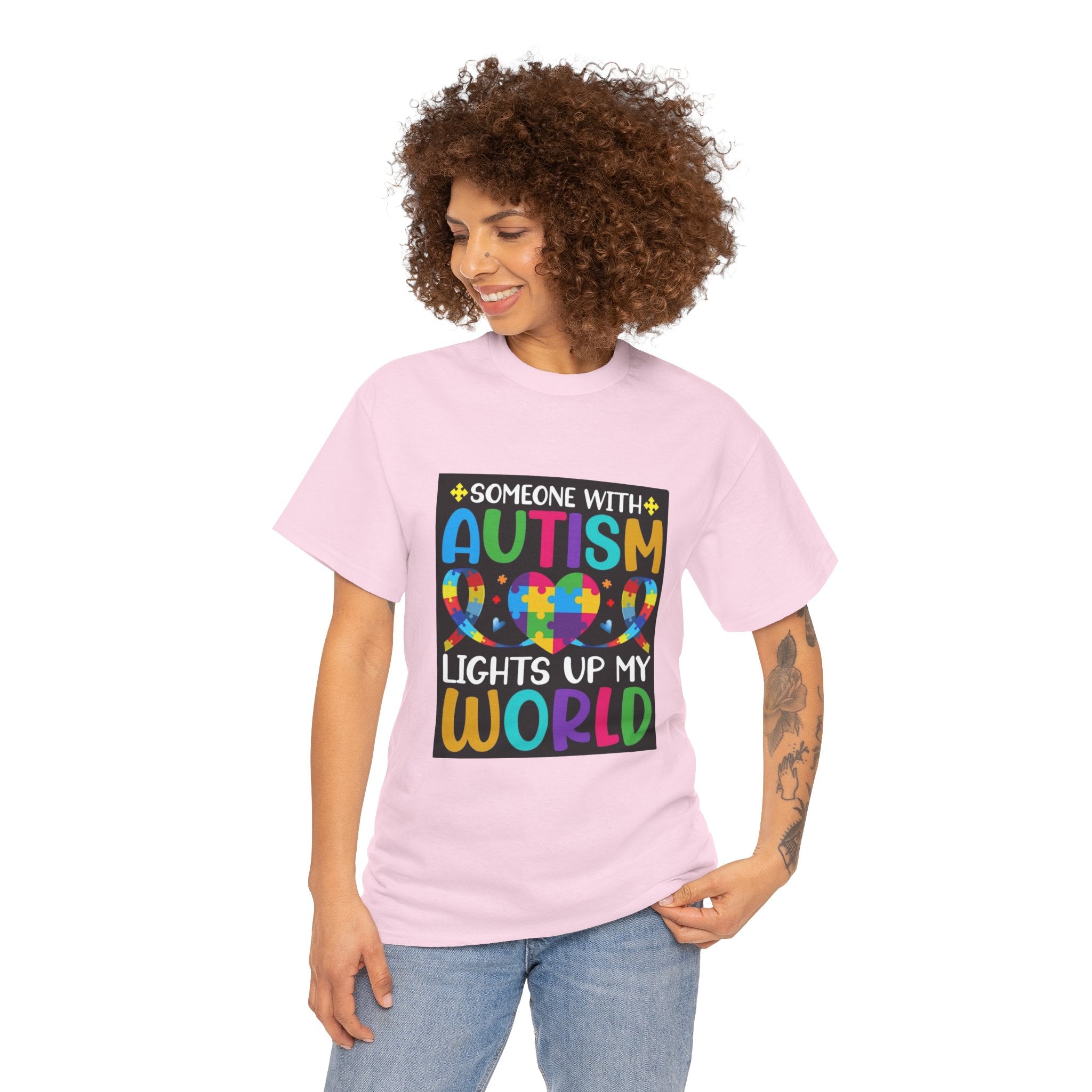 Autism Awareness T-Shirt — “Someone With Autism Lights Up My World” Colorful Puzzle Tee