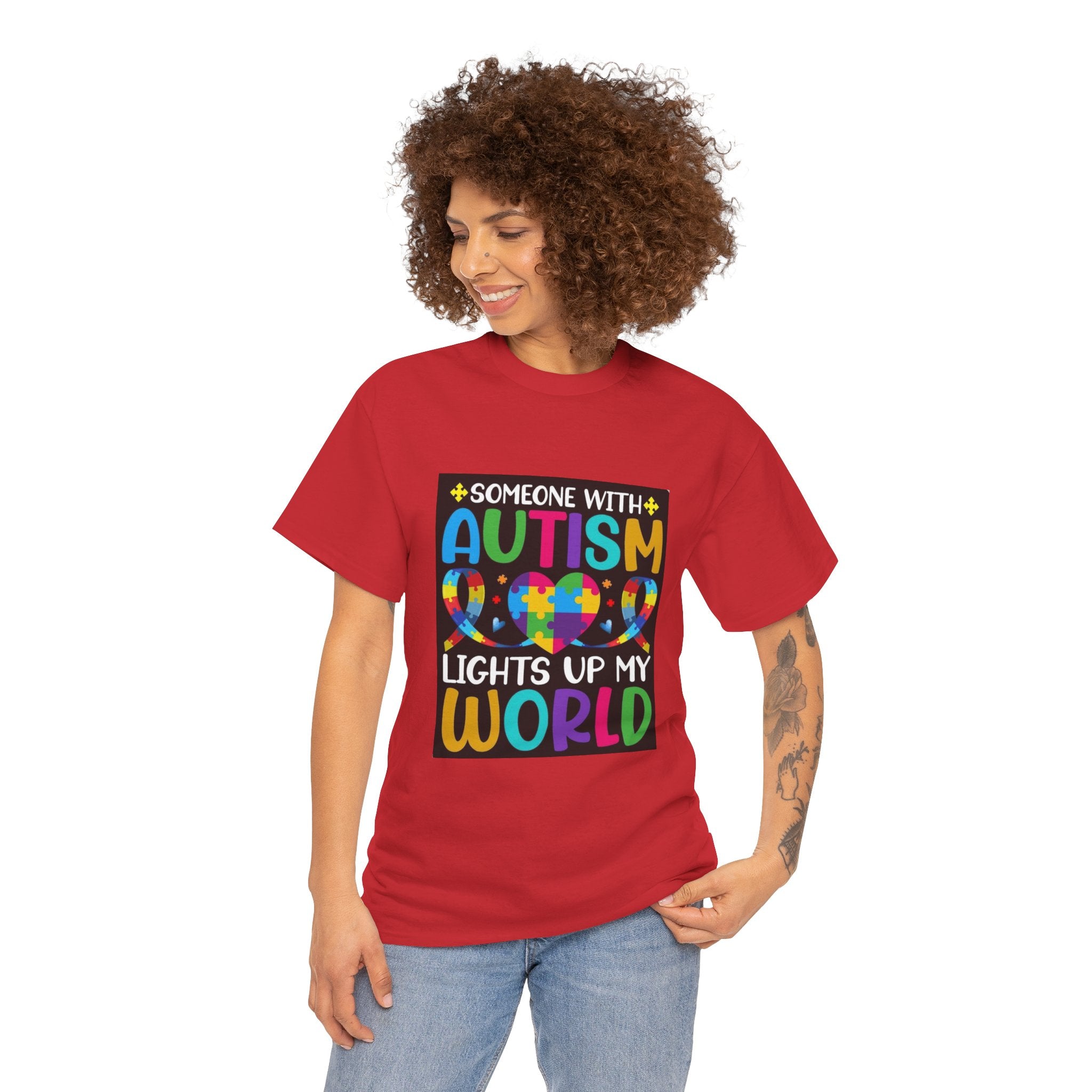 Autism Awareness T-Shirt — “Someone With Autism Lights Up My World” Colorful Puzzle Tee