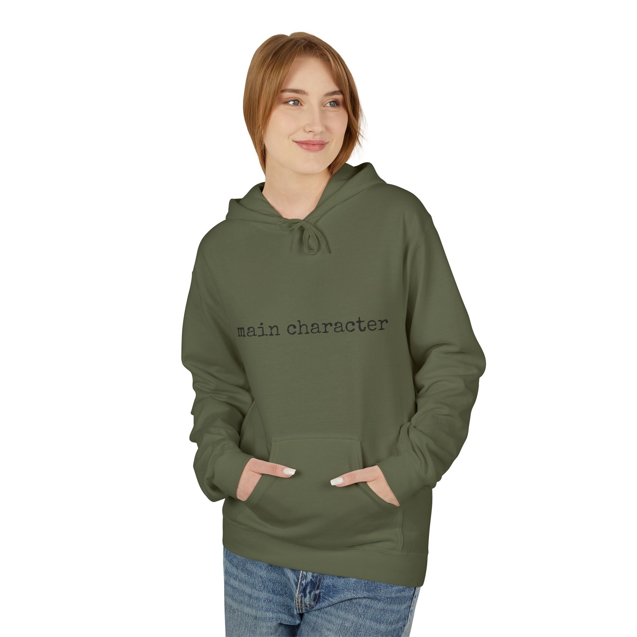 "main character" Hoodie — Minimalist Text Graphic Pullover