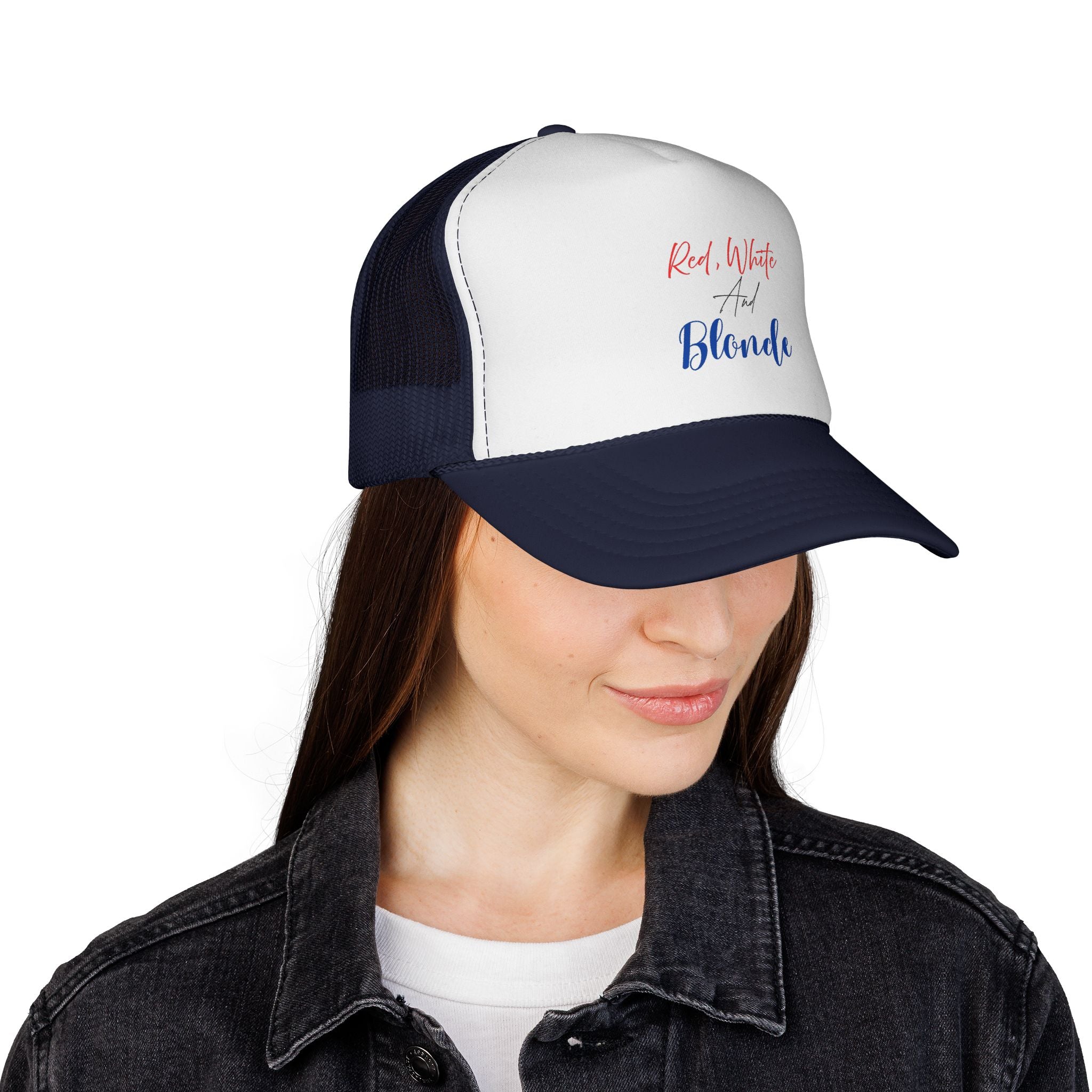 Red, White and Blonde Trucker Hat — Patriotic Fourth of July Cap for Blonde Girls