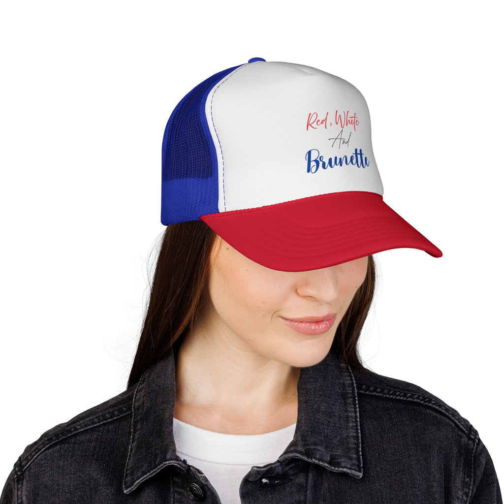 Red, White And Brunette Trucker Cap - Patriotic Summer Mesh Hat
