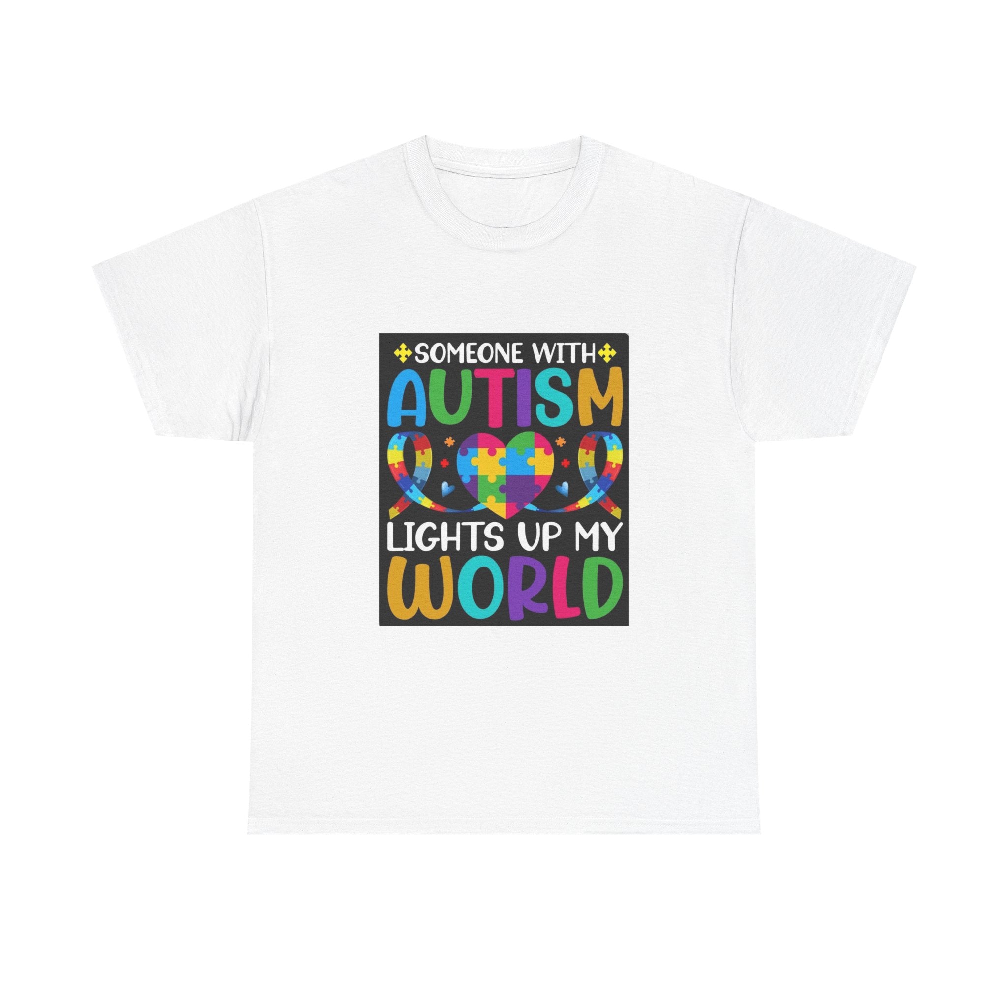 Autism Awareness T-Shirt — “Someone With Autism Lights Up My World” Colorful Puzzle Tee