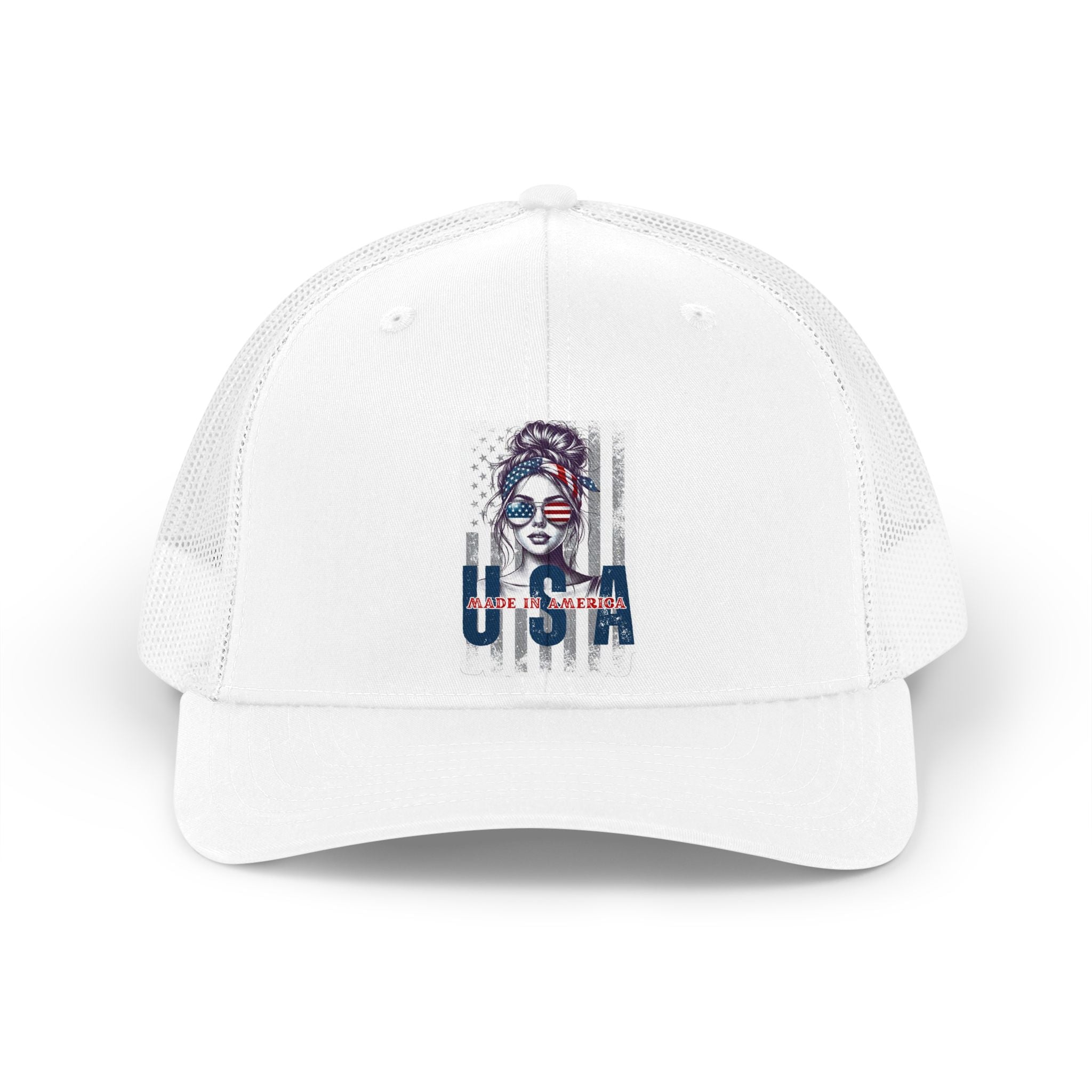 USA Retro Trucker Hat — Patriotic Vintage Woman Graphic Cap
