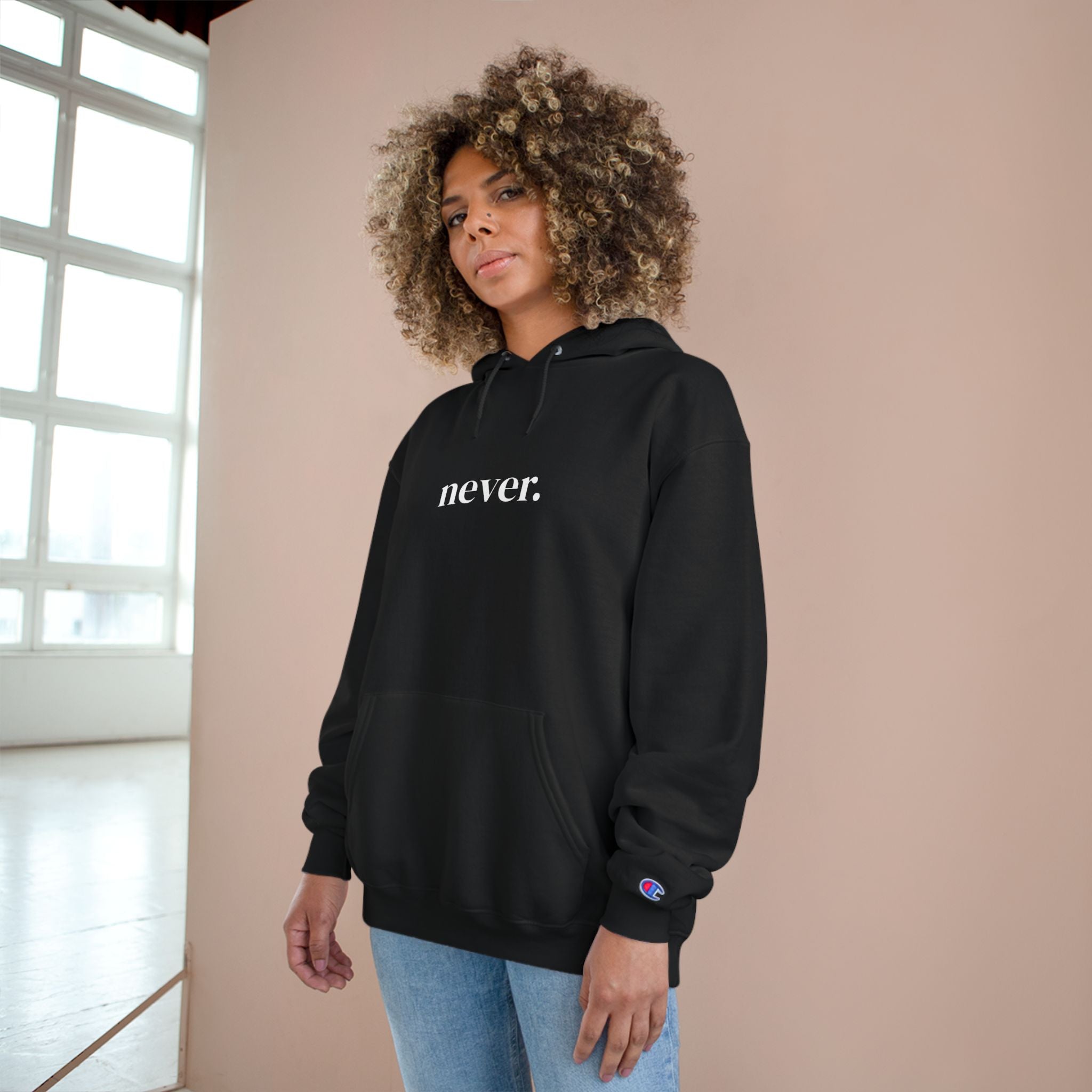 Never. Black Champion Hoodie — Minimalist Graphic Pullover
