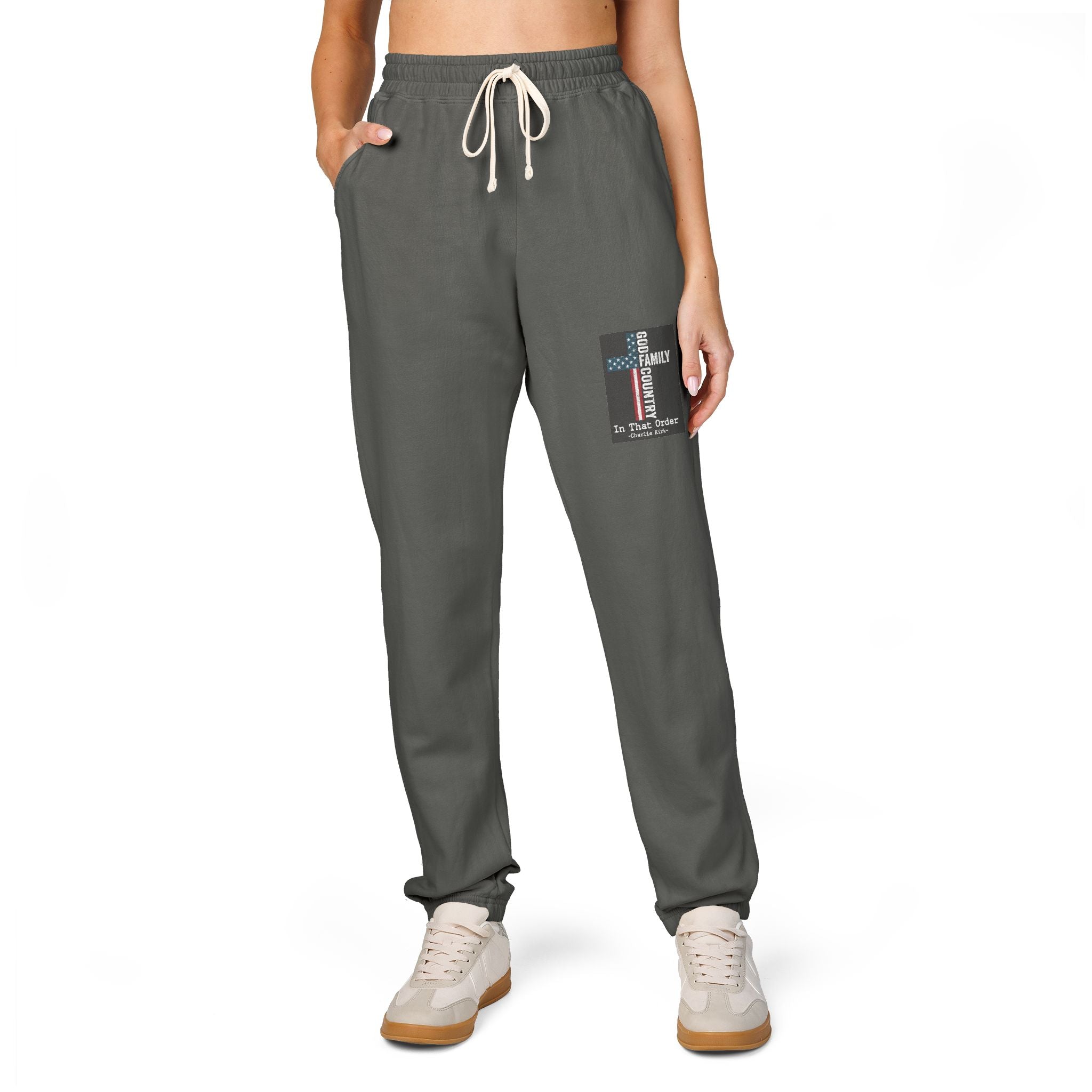 Patch Graphic Sweatpants — Vintage Military Green Fleece Joggers