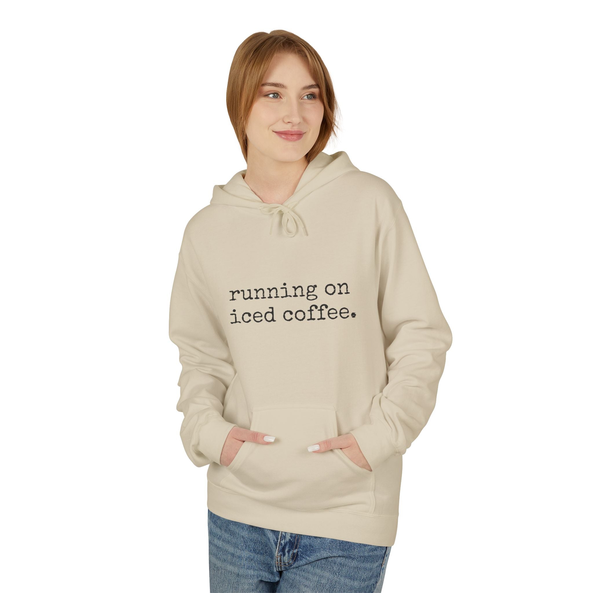 Coffee Hoodie - "running on iced coffee." Minimal Casual Pullover for Coffee Lovers