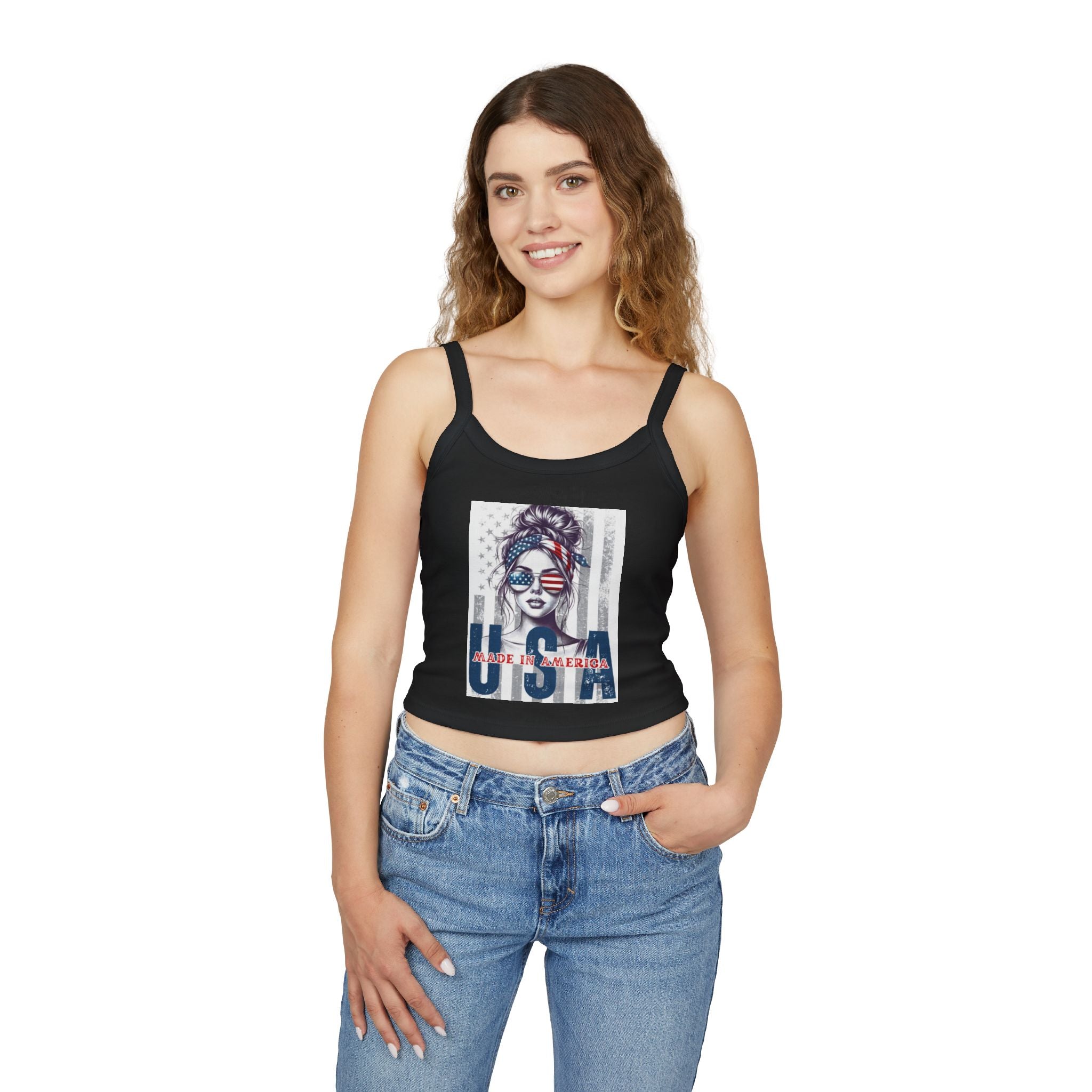 USA Patriotic Tank Top — "Made in America" Womens Crop Spaghetti Strap