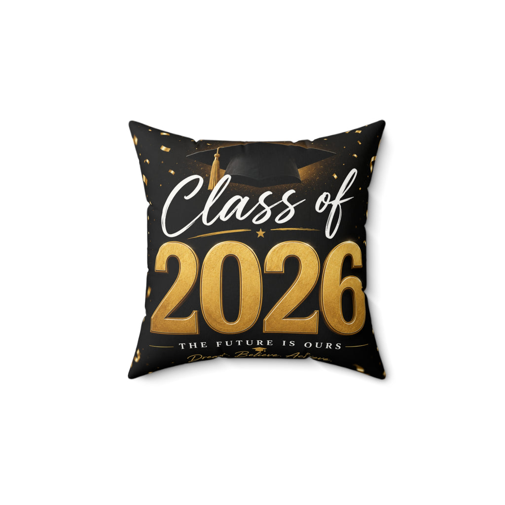 Class of 2026 Faux Suede Graduation Pillow — Gold Cap & Confetti Keepsake