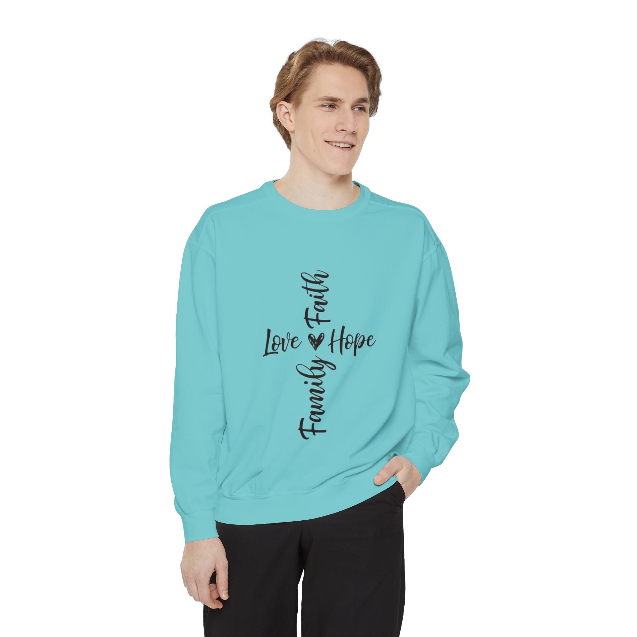Faith Love Hope Family Sweatshirt – Vertical Script Cross Design