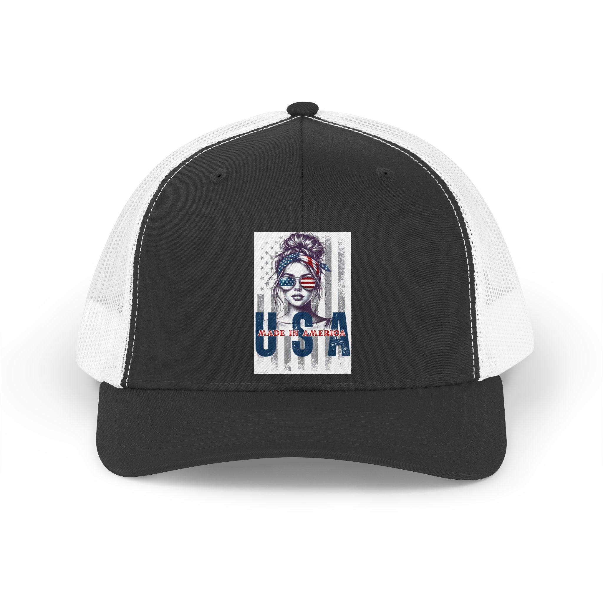 USA Retro Trucker Hat — Patriotic Vintage Woman Graphic Cap