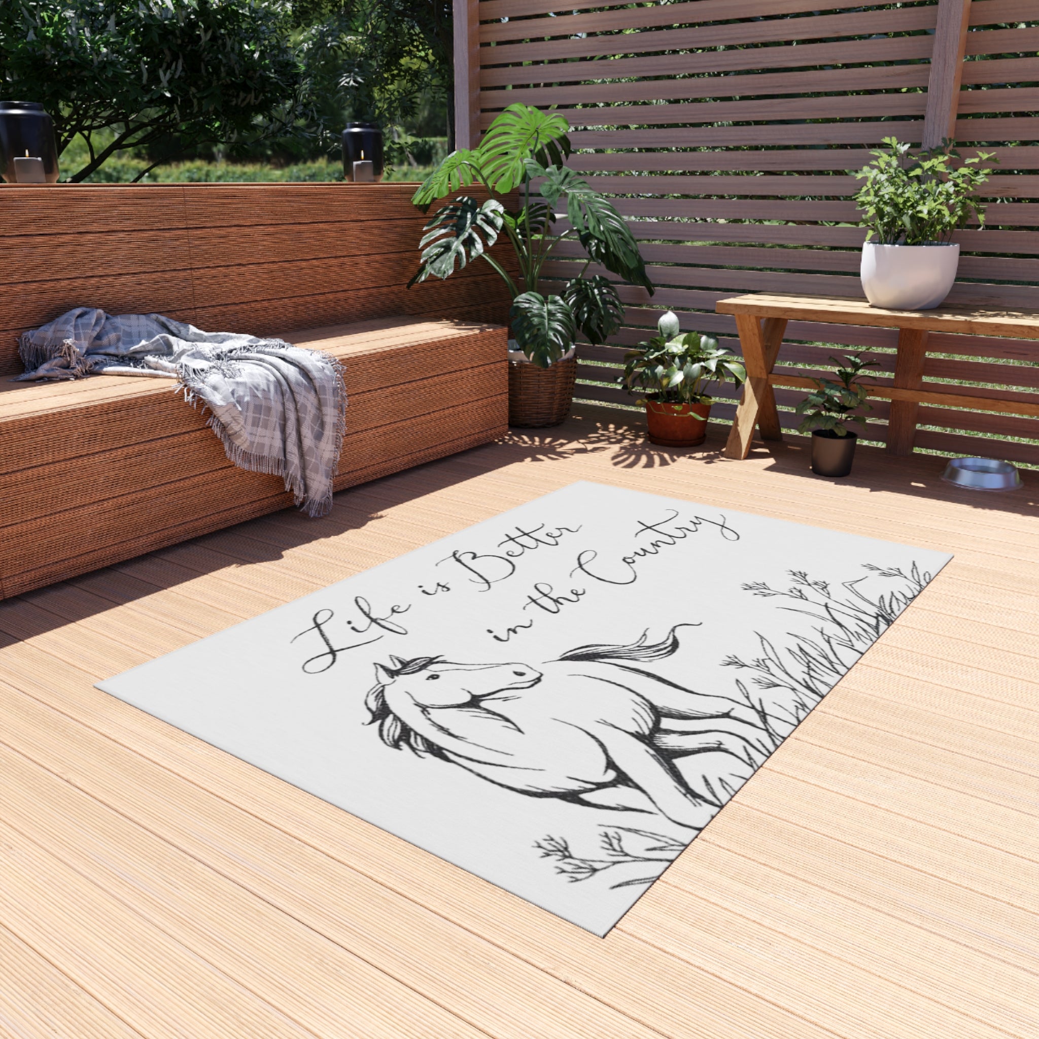 Outdoor Rug – "Life is Better in the Country" Horse Print