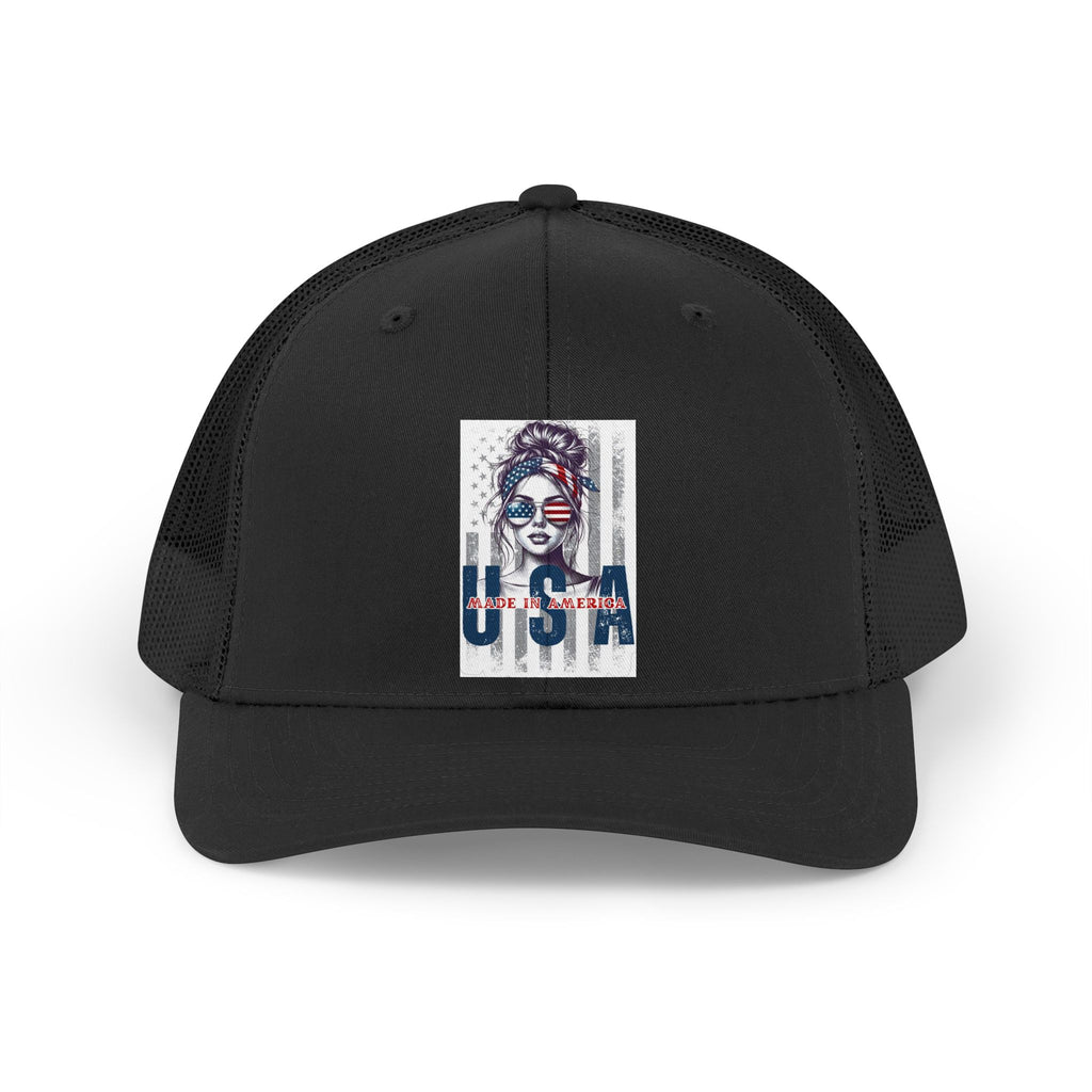 USA Retro Trucker Hat — Patriotic Vintage Woman Graphic Cap