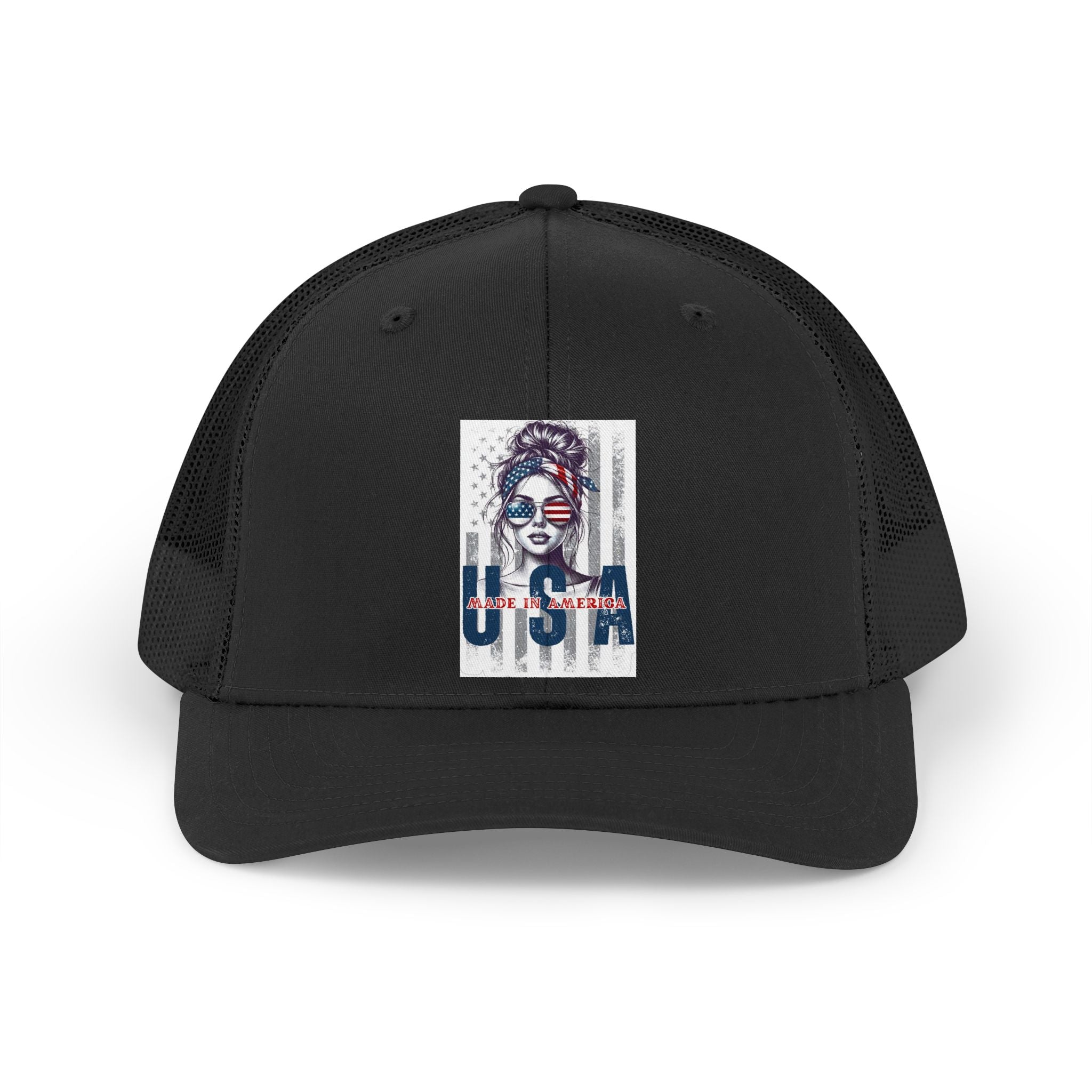 USA Retro Trucker Hat — Patriotic Vintage Woman Graphic Cap