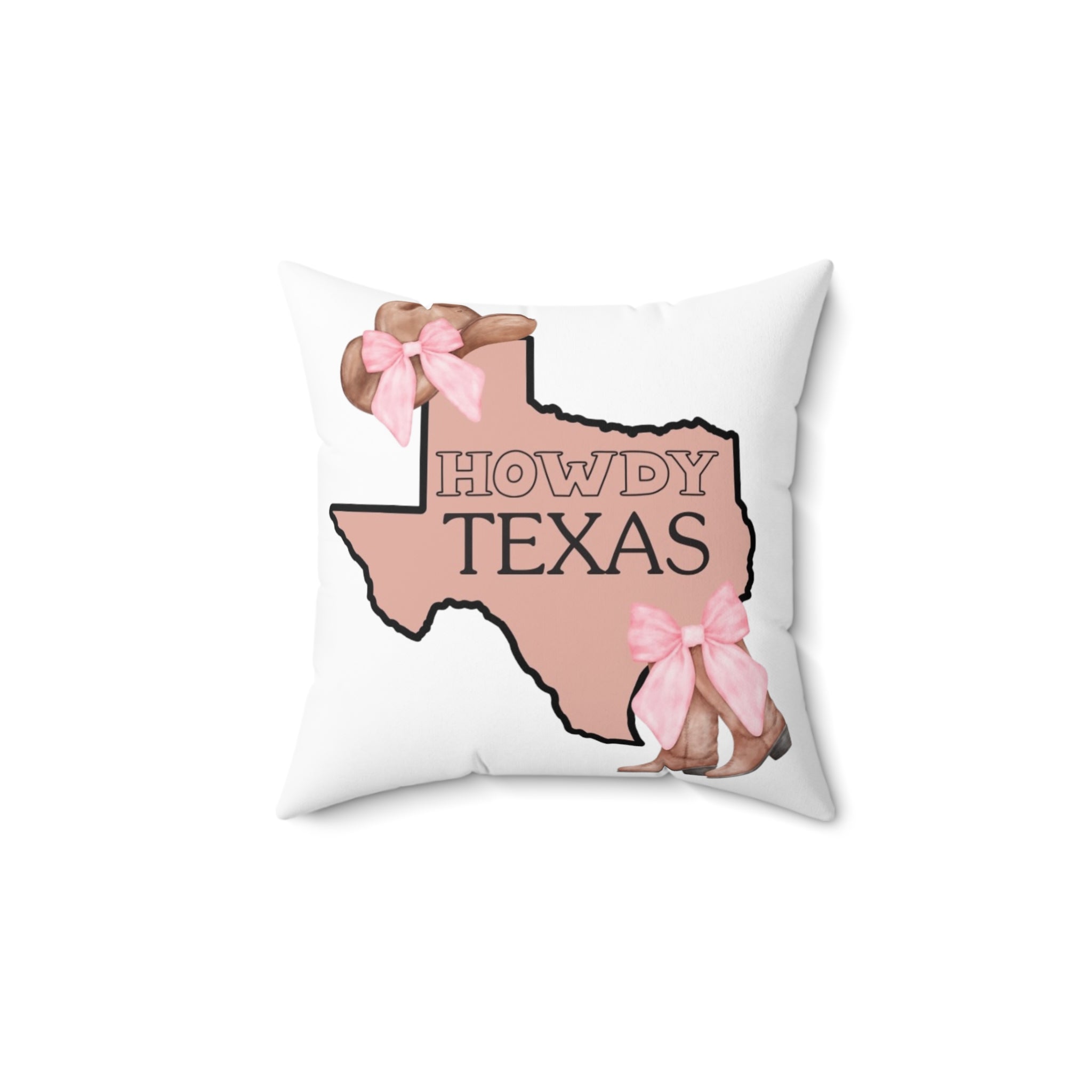 Howdy Texas Pink State Pillow — Decorative Texas Map Throw Pillow with Cowboy Boots & Bows