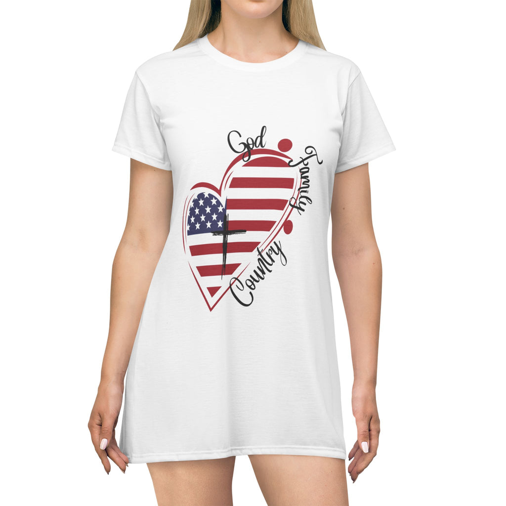 Patriotic Heart T-Shirt Dress – "God, Family, Country" American Flag Tee Dress