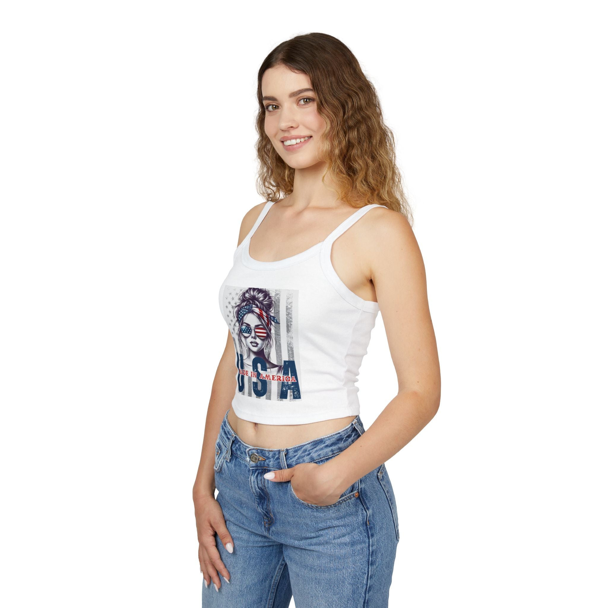 USA Patriotic Tank Top — "Made in America" Womens Crop Spaghetti Strap