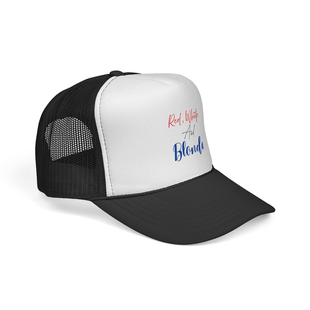 Red, White and Blonde Trucker Hat — Patriotic Fourth of July Cap for Blonde Girls